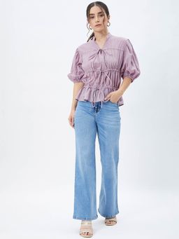 Kibo - Women Pink Cotton 3/4th Sleeves Self Design Top