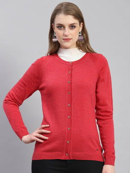 Monte Carlo - Women Solid Full Sleeves Round Neck Pink Cardigan