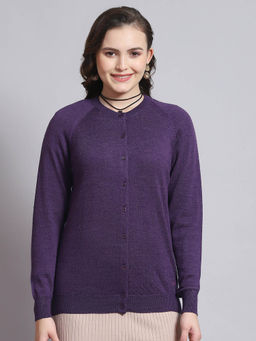 Monte Carlo - Women Solid Full Sleeves Round Neck Purple Cardigan