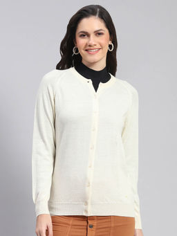 Monte Carlo - Women Solid Full Sleeves Round Neck Off White Cardigan
