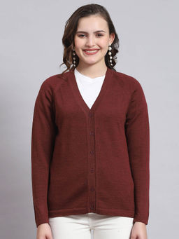 Monte Carlo - Women Solid Full Sleeves V-Neck Maroon Cardigan