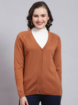 Monte Carlo - Women Solid Full Sleeves V-Neck Brown Cardigan