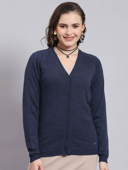 Monte Carlo - Women Solid Full Sleeves V-Neck Navy Blue Cardigan