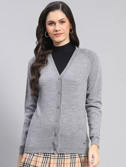 Monte Carlo - Women Solid Full Sleeves V-Neck Grey Cardigan