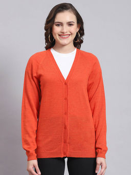 Monte Carlo - Women Solid Full Sleeves V-Neck Orange Cardigan