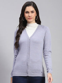 Monte Carlo - Women Solid Full Sleeves V-Neck Blue Cardigan