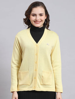 Monte Carlo - Women Solid Full Sleeves V-Neck Yellow Cardigan