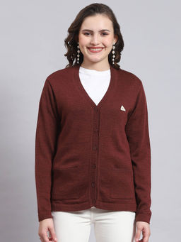Monte Carlo - Women Solid Full Sleeves V-Neck Maroon Cardigan