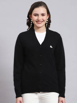 Monte Carlo - Women Solid Full Sleeves V-Neck Black Cardigan