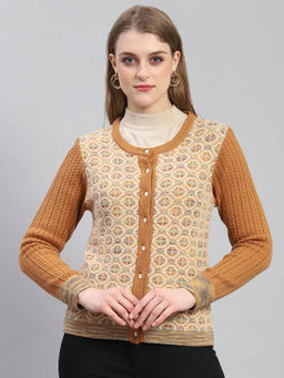 Monte Carlo - Women Self Design Full Sleeves Round Neck Rust Cardigan