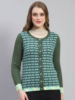 Monte Carlo - Women Self Design Full Sleeves Round Neck Green Cardigan