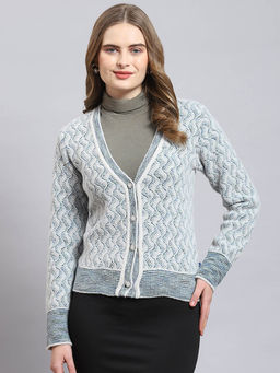 Monte Carlo - Women Self Design Full Sleeves V-Neck Blue Cardigan