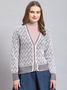 Monte Carlo - Women Self Design Full Sleeves V-Neck Grey Cardigan