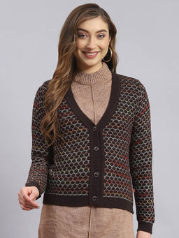 Monte Carlo - Women Self Design Full Sleeves V-Neck Brown Cardigan