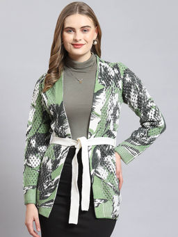 Monte Carlo - Women Printed Full Sleeves Shawl Lapel Green Cardigan, Belt (Set of 2)