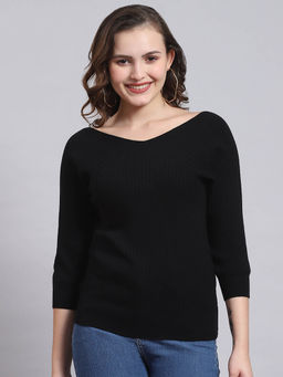 Monte Carlo - Women Self Design Three Fourth Sleeves V-Neck Black Sweater