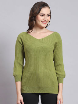 Monte Carlo - Women Self Design Three Fourth Sleeves V-Neck Green Sweater