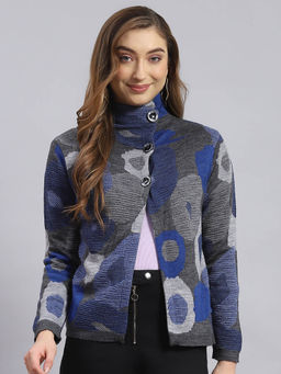 Monte Carlo - Women Self Design Full Sleeves High Neck Blue Cardigan