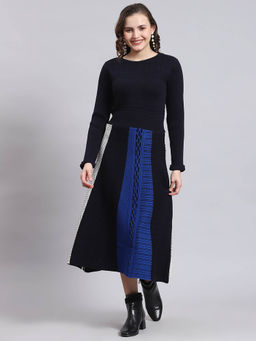 Monte Carlo - Women Self Design Full Sleeves Round Neck Navy Blue Midi Dress
