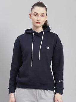 Rock.it - Women Solid Full Sleeves Hooded Navy Blue Sweatshirt