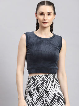 Rock.it - Women Solid Sleeveless Round Neck Navy Blue Crop Top