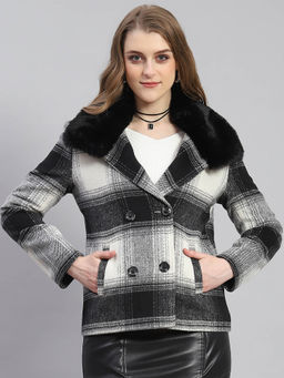 Monte Carlo - Women Checks Full Sleeves Collar Neck Black Coat