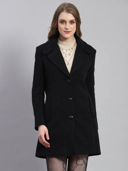 Monte Carlo - Women Stripes Full Sleeves Notched Lapel Navy Blue Coat