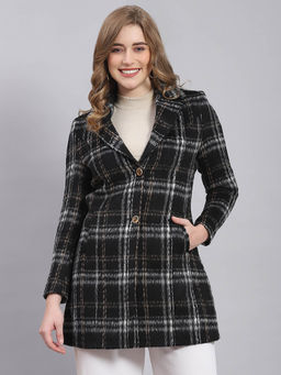 Monte Carlo - Women Checks Full Sleeves Notched Lapel Black Coat