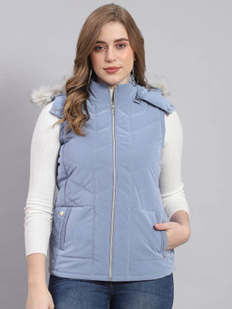 Monte Carlo - Women Solid Sleeveless Hooded Blue Puffer Jacket