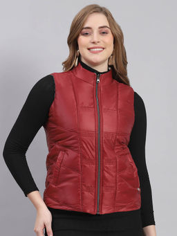 Monte Carlo - Women Solid Sleeveless High Neck Maroon Puffer Reversible Jacket