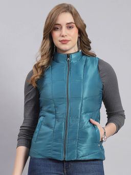 Monte Carlo - Women Solid Sleeveless High Neck Teal Puffer Reversible Jacket