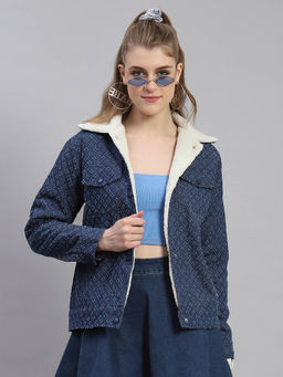 Monte Carlo - Women Self Design Full Sleeves Collar Neck Navy Blue Winter Jacket