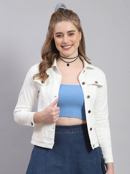 Monte Carlo - Women Solid Full Sleeves Collar Neck White Denim Jacket
