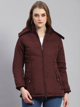 Monte Carlo - Women Solid Full Sleeves Hooded Wine Puffer Jacket