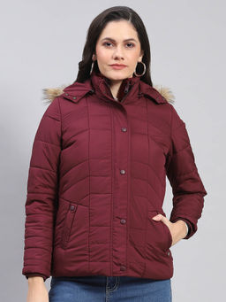 Monte Carlo - Women Solid Full Sleeves Hooded Wine Puffer Jacket