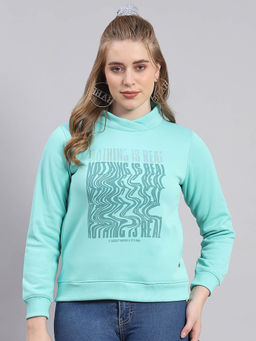 Monte Carlo - Women Printed Full Sleeves High Neck Turquoise Sweatshirt