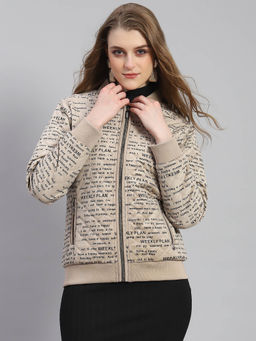 Monte Carlo - Women Typography Full Sleeves Mandarin Neck Khaki Puffer Jacket