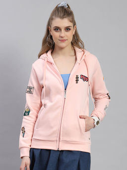 Monte Carlo - Women Embroidered Full Sleeves Hooded Pink Sweatshirt