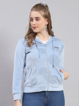 Monte Carlo - Women Printed Full Sleeves Hooded Blue Sweatshirt