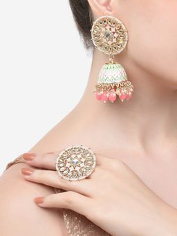 Zaveri Pearls - Pink & Green Meenakari Kundan Jhumki Earring & Ring Set-ZPFK14648