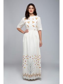 S & V designs - Yellow Floral Embroidery Round Neck Maxi Dress