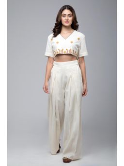 S & V designs - Yellow Embroidered Crop Top with Box Pleated Palazzo (Set of 2)