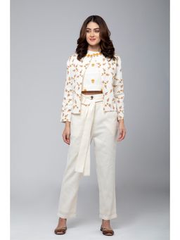 S & V designs - Yellow Embroidered Crop Top and Jacket with Trouser (Set of 3)
