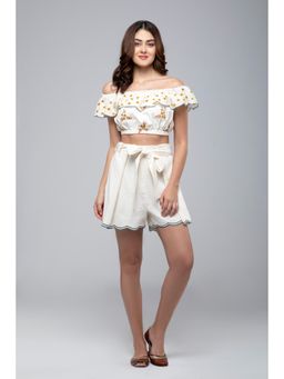 S & V designs - Yellow Off Shoulder Embroidered Crop Top with Shorts and Belt (Set of 3)