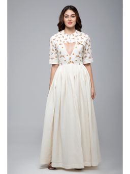 S & V designs - Yellow Embroidered Floor Length Sleeveless Gown with Jacket (Set of 2)