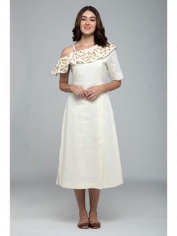 S & V designs - Yellow One-Shoulder Frill Side Slit Midi Dress