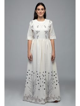 S & V designs - Blue Floral Embroidery Round Neck Maxi Dress