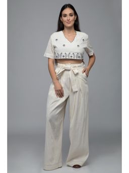 S & V designs - Blue Embroidered Crop Top with Box Pleated Palazzo (Set of 2)