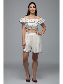 S & V designs - Blue Off Shoulder Embroidered Crop Top with Shorts (Set of 2)