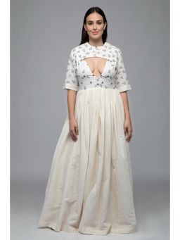 S & V designs - Blue Embroidered Floor Length Sleeveless Gown with Jacket (Set of 2)